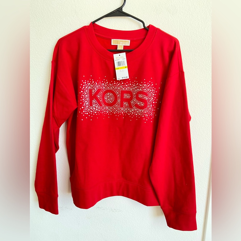 New Michael Kors Red Rhinestone Logo Tee size m